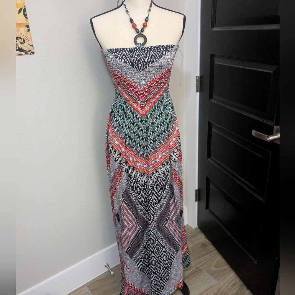 Magic Strapless Maxi Dress in Black, Coral, Teal & White